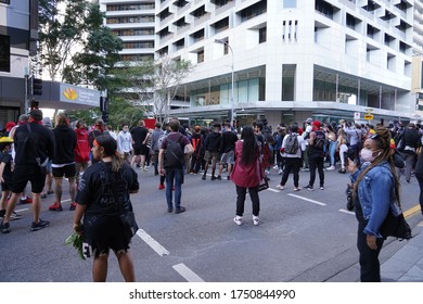 Brisbane, Australia - June 06, 2020: Thousands Of People Gather In City Streets Against Police Brutality And The Senseless Murder Of George Floyd By Minneapolis Police Department. 