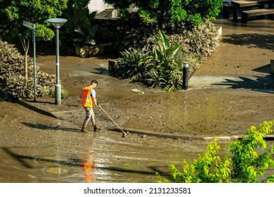 Brisbane, Australia - Mar 2, 2022: Street Clean Up After The Flood In West End Suburb