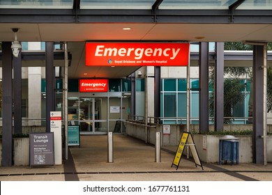 Brisbane, Australia - March 18, 2020: Emergency Sign Outside The Royal Brisbane And Womans Hospital, Coronavirus Covid 19 Fever Clinic, Brisbane Australia