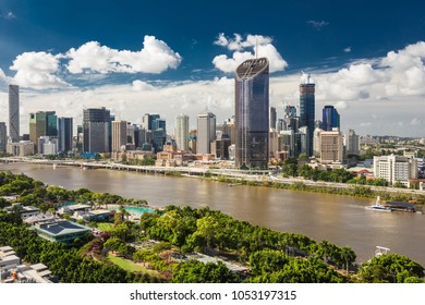 BRISBANE, AUSTRALIA - March 24 2018: Areal image of Brisbane CBD and South Bank. Brisbane is the capital of QLD and the third largest city in Australia
