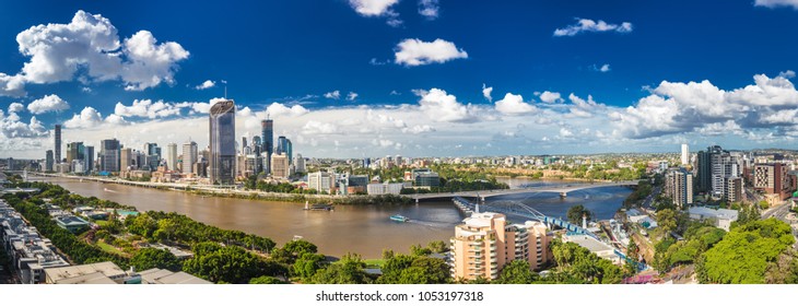 BRISBANE, AUSTRALIA - March 24 2018: Panoramic areal image of Brisbane CBD and South Bank. Brisbane is the capital of QLD and the third largest city in Australia