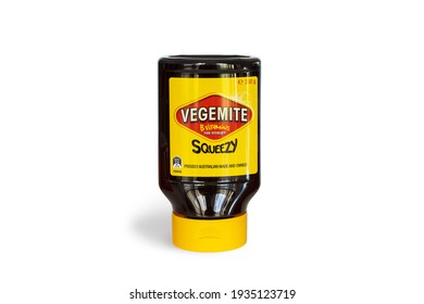 Brisbane, Australia - March 3 2021: Vegemite is an Iconic Traditional Australian food spread made from leftover brewers' yeast extract. 