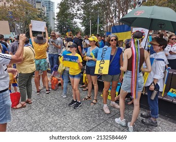 BRISBANE, AUSTRALIA - MARCH 6, 2022: Peaceful Gathering And Rally Demonstration At King Geoge Square From The Ukrainian Community In Queensland To Protest Russia's Aggressive Invasion Of Ukraine