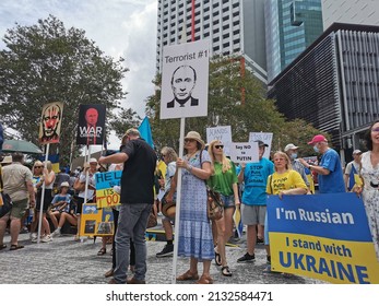 BRISBANE, AUSTRALIA - MARCH 6, 2022: Peaceful Gathering And Rally Demonstration At King Geoge Square From The Ukrainian Community In Queensland To Protest Russia's Aggressive Invasion Of Ukraine