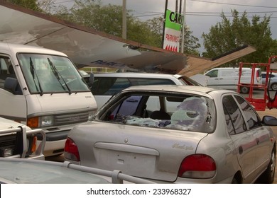 BRISBANE, AUSTRALIA - NOVEMBER 28 : Damage To Car Yard From Super Cell Hail Storm Area Declared Disaster On November 28, 2014 In Brisbane, Australia