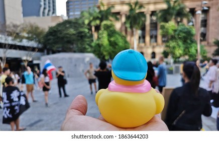 BRISBANE, AUSTRALIA - NOVEMBER 29, 2020: Rubber Duck Represents A Symbol Of People To Protest The Dictatorship Of The Thai Prime Minister And Bring Thai Monarchy To Be Under The Constitution