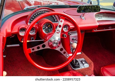 Brisbane, Australia – October 01, 2022: 1958 Chevrolet Corvette Interior And Dashboard. The Corvette Is A Sports Car Manufactured By Chevrolet, A Division Of The American General Motors