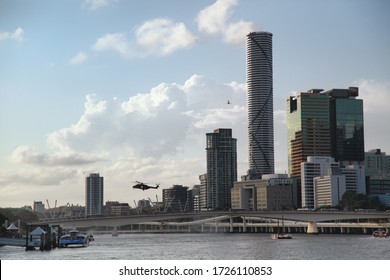 Brisbane, Australia - October 28, 2014.Australian Airforce Helicopters Flew Above Brisbane River In Annual Sun Super River Fire Festival.