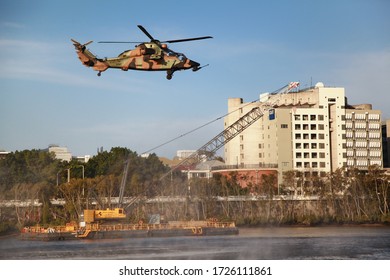 Brisbane, Australia - October 28, 2014.Australian Airforce Helicopters Flew Above Bisbane River In Annual Brisbane River Fire Festival.