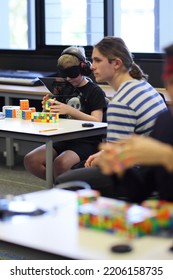 Brisbane, Australia - SEPTEMBER 4 2022: Please Be Quiet Brisbane Speedcubing Competition, Competitor During 3x3x3 Cube Multiblind Event.