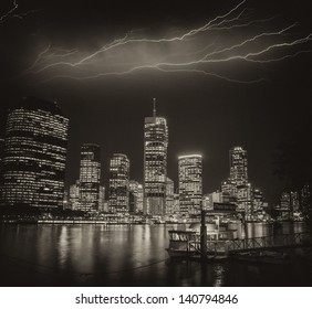 Brisbane, Australia. Wonderful Cityscape At Night With Storm.