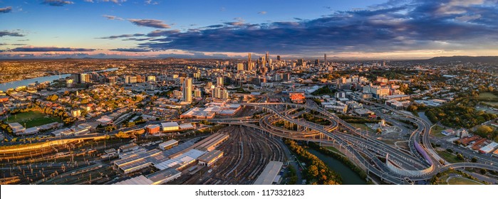 Brisbane city business district and suburbs panorama at sunset - Powered by Shutterstock