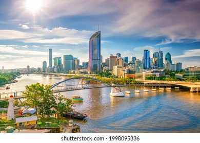 Brisbane city skyline and Brisbane river at sunset in Australia