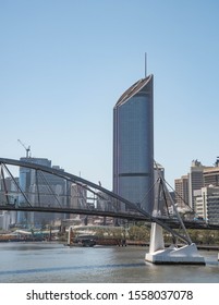 Brisbane city skyline view from Southbank with 1 William Street building and the Goodwill Bridge
