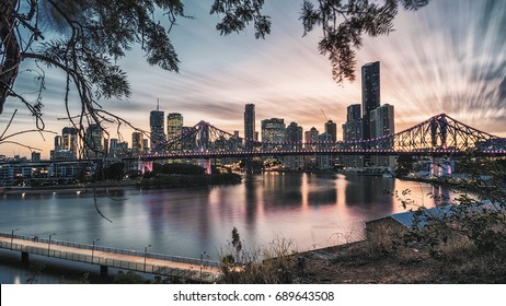 The Brisbane City & Story Bridge Scenery Seen During The Blue Hour Seen From Wilson Outlook Reserve