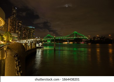 Brisbane, Green Illuminated Story Bridge Crossing The Bribane River