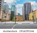 Brisbane modern city buildings behind the Anzac monument in the central business district.