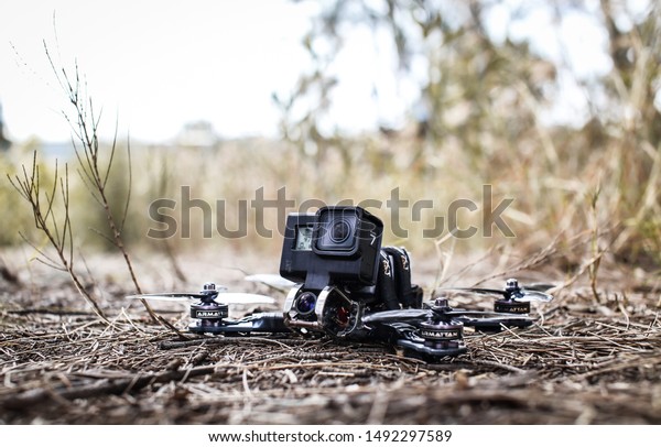 Brisbane, QLD, Australia, August 15th 2019 Racing\
drone sitting on the\
ground