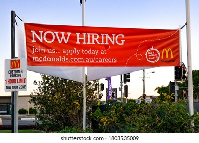 Brisbane, Queensland / Australia 08 25 2020: Now Hiring Sign At An McDonald's Restaurant In Brisbane