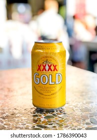 Brisbane, Queensland / Australia 09 18 2019: A Yellow Can Of Australian Four X Beer On A Table XXXX Beer