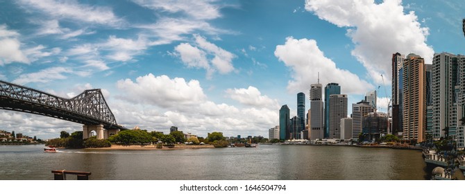Brisbane, Queensland, Australia - 6th January 2020: Story Bridge and a beautiful panorama of Brisbane skyline spanning Brisbane river with beautiful sky and clouds