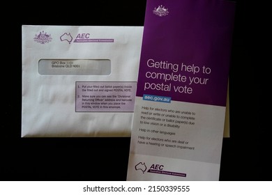 Brisbane Queensland, Australia - April 28 2022: A Postal Vote Ballot Inside The Return Envelope And A Guide Brochure The 2022 Australian Federal Election.                             