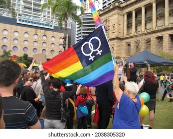 Brisbane, Queensland, Australia; August 13th August 2011: Clustering of happy people in a park in Brisbane, Australia, fighting for the rights of LGTBI people