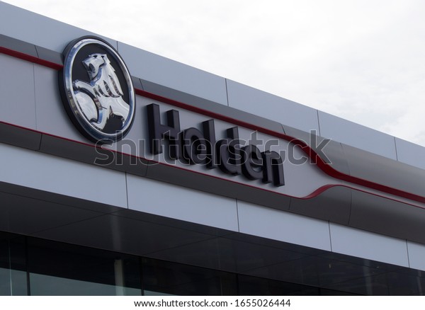 Brisbane, Queensland / Australia - February 22,\
2020: The Holden Lion and Stone logo displayed at a dealership in\
Brisbane. GM, the US parent company announced the discontinuation\
of the brand by 2021