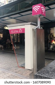 Brisbane, Queensland / Australia - January 6, 2020: Telstra Air payphone and wifi hotspot located on Queen Street in Brisbane