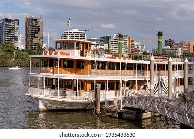 Brisbane, Queensland, Australia - March 2021:  A Showboat River Cruise Docked Waiting To Take On Passengers