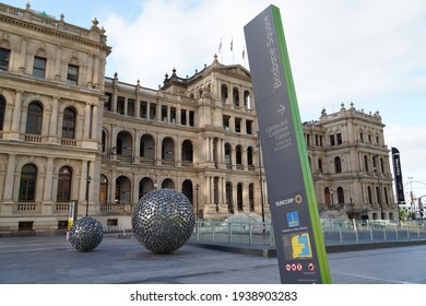 Brisbane, Queensland Australia - March 29 2020: An Empty Brisbane Square Without People And Showing The Signage And Treasury Casino Building In The Background