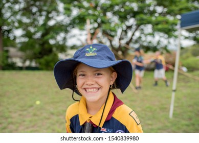 Brisbane, Queensland / Australia -March 30 2019 - Australian Cub Scout Girl In Uniform Wearing Bucket Hat At A Cub Scout Event