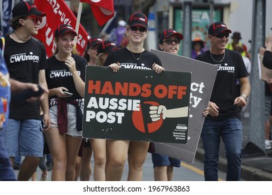 Brisbane, Queensland, Australia - May 3 2021: Communication Workers Union Members Carry Sign Saying 