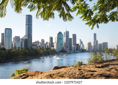 Brisbane skyline view from Kangaroo Point cliffs. Beautiful city central district business panorama in Queensland, Australia.