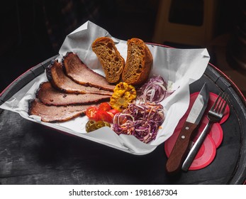 Brisket Beef Slices With Coleslow, Jalapeno, Corn, Cherry And Bread.