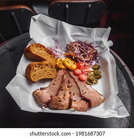 Brisket Beef Slices With Coleslow, Jalapeno, Corn, Cherry And Bread.