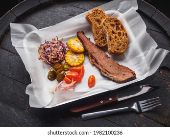 Brisket Beef Slices With Coleslow, Jalapeno, Corn, Cherry And Bread.