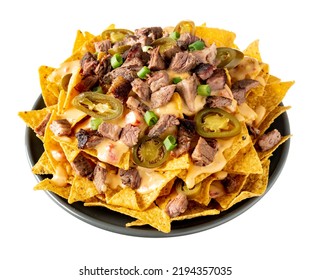 Brisket And Cheese Nachos With Peppers. Isolated On White. 