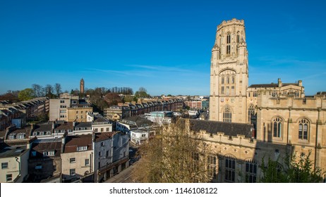 Bristol cityscape with view of Clifton and university buildings on sunny day, England, UK 