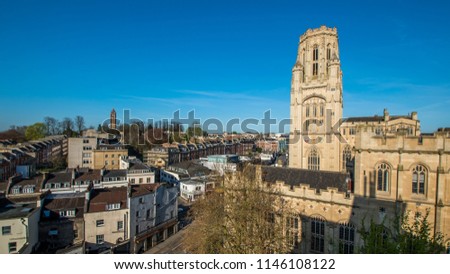 Bristol cityscape with view of Clifton and university buildings on sunny day, England, UK 