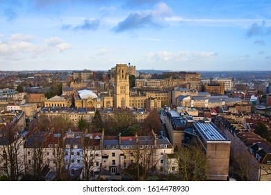 Bristol, England - December 24, 2019: Aerial cityscape view from the Cabot Tower in a winter afternoon, on the city center and university buildings