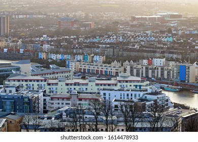 Bristol, England - December 24, 2019: Aerial cityscape view from the Cabot Tower in a winter afternoon, on the city center and university buildings