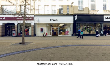 Bristol, England - Feb 1, 2018: Entrance to Three Shop, Mobile Phone Store in Broadmead, Bristol Shopping Quarter