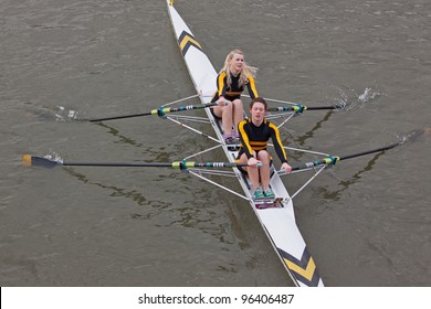 BRISTOL, ENGLAND - FEBRUARY 19: Two Woman Crew From The Avon County Rowing Club Racing In The Annual Head Of The River Race Bristol, England On February 19, 2012. One Hundred Teams Entered The Event