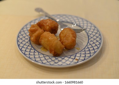 Bristol, England – February 20, 2020: Banana And Pineapple Fritter, Chinese Cuisine In Bristol, England, United Kingdom, Europe