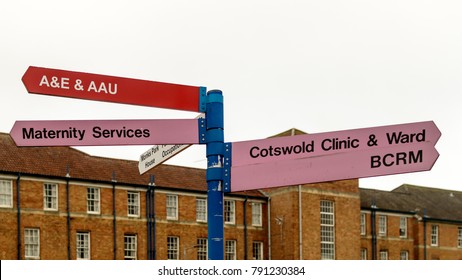 Bristol, England - Jan 6, 2018: Bristol Southmead Hospital Direction Sign B, Accident And Emergency, Acute Assessment Unit (AAU), Cotswolds Clinic And Ward, Bristol Centre For Reproductive Medicine