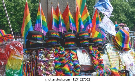 Bristol, England - July 14, 2018: Stall Selling Pride Paride Merchandise, Shallow Depth Of Field