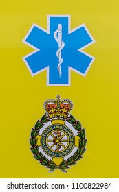 Bristol, England - May 28, 2018: Close Up Of South Western Ambulance Service Logo, Shallow Depth Of Field