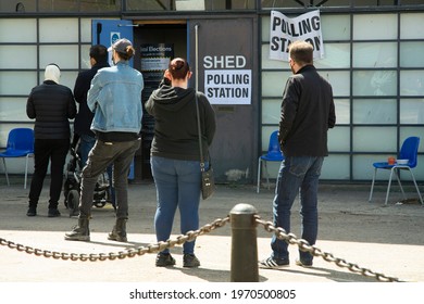 Bristol, England, UK - 05.06.2021: People queue in line to vote at a polling station, for the 2021 England council election.