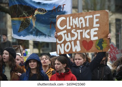 Bristol, UK - February 28, 2020: Environment Activist Greta Thunberg Joins Demonstrators During A Bristol Youth Strike 4 Climate (BYS4C) Rally Through The City Centre.